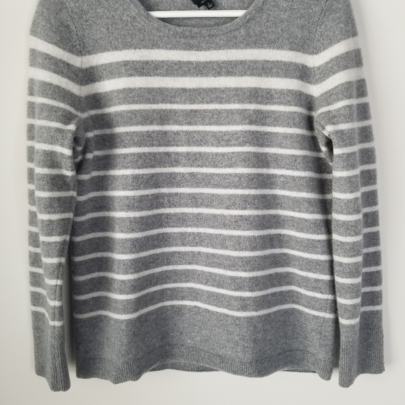 Talbots 100% Cashmere Gray/White Striped Crewneck Sweater Size L - Picture 6 of 11